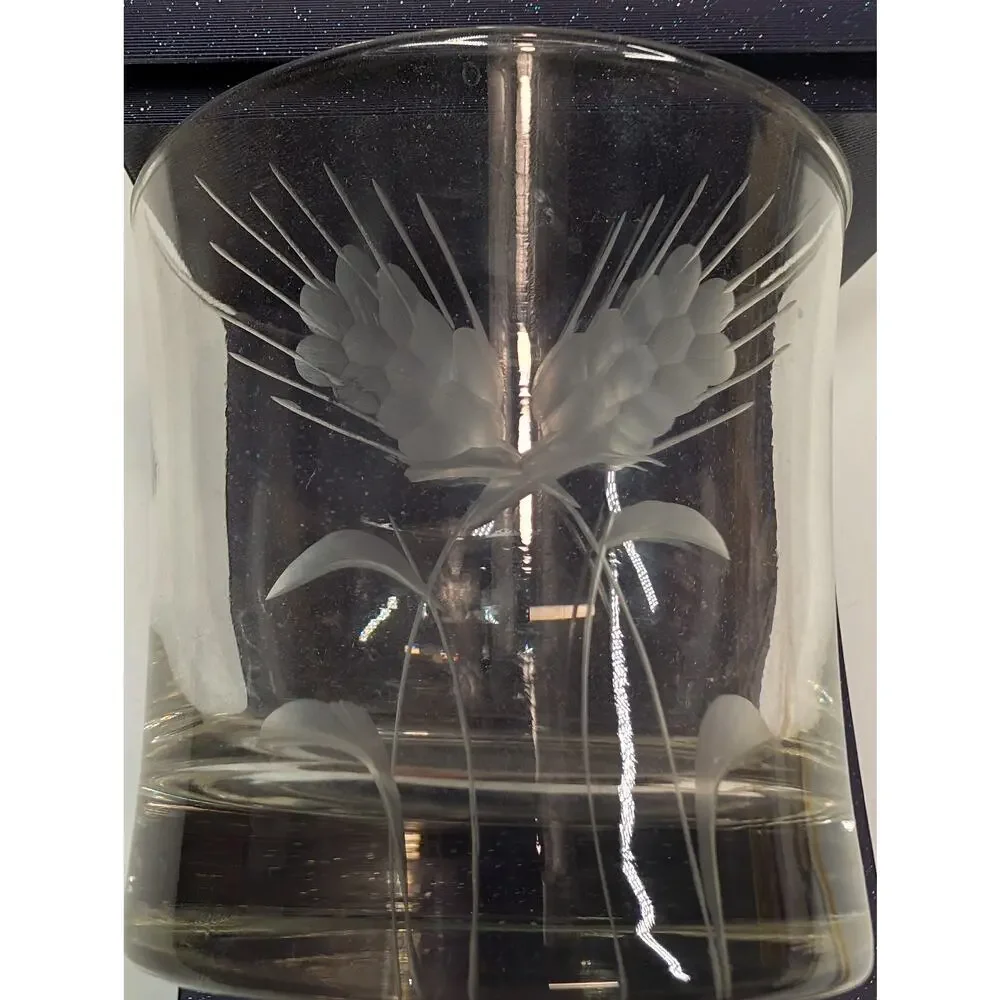 Vintage Etched Glass Lowball Whiskey Tumblers Wheat Pattern Set of 4